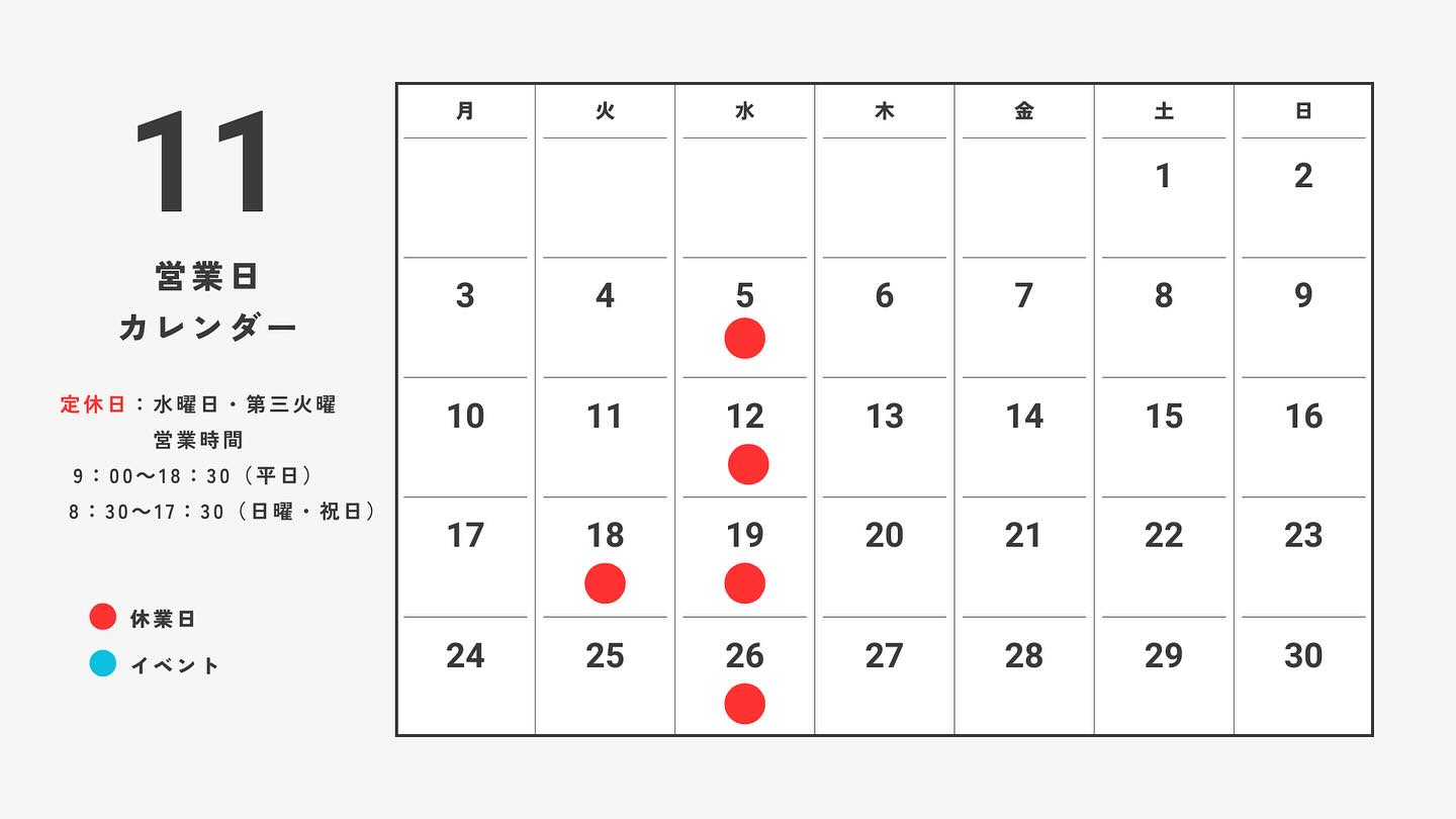 オートパーク SKYです😊
11月の営業日カレンダーです🈺

食欲の秋、スポーツの秋、そしてバイクの秋🍁
11月も変わらず、皆様の楽しいバイクライフを支えてまいります❗️

当店では点検・修理・車検・カスタム等、皆様のご来店・ご予約お待ちしております。気軽にお問い合わせもして下さいね🤗